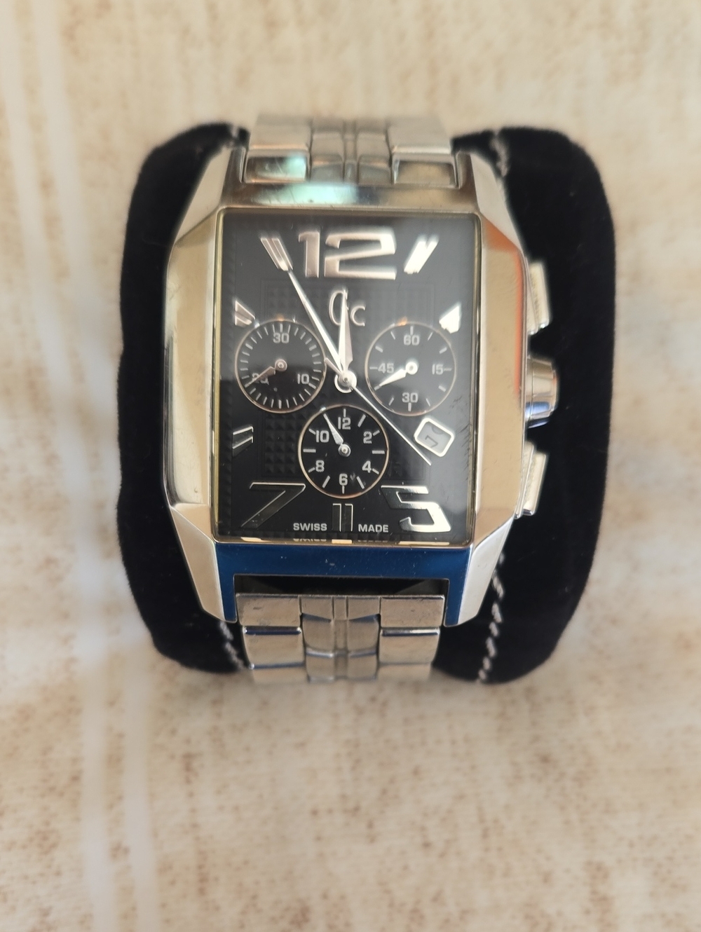 Guess Silver-Tone Stainless Steel Watch with Black Dial